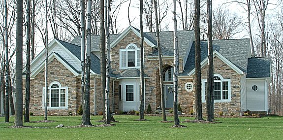 9 ft. ceilings on 1st floor. 1st floor great room / den and master bedroom with 2-sided fireplace.  Cathedral ceiling in great room with optional skylights. 2 story foyer. Formal dining room or parlor with trayed ceiling. Sun room with cathedral ceiling. Partial stone front. Arched covered porch. 1st floor laundry. 3-car side entry garage.