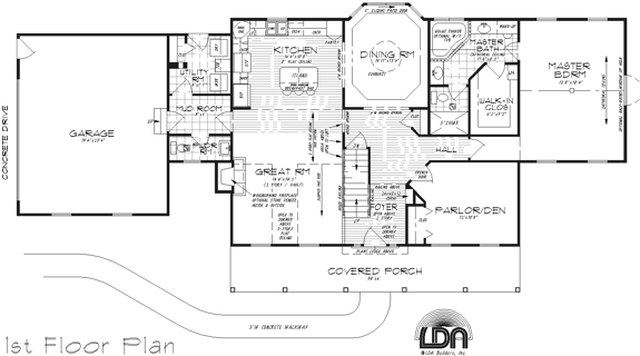 1st floor master bedroom and bath, both with cathedral ceilings. Large master shower and corner tub. Large master walk-in closet. 1st floor parlor/den or 4th bedroom with French doors. Arched openings. Loft overlooking 2-story foyer and great room. Tray ceiling in bayed dining room. Curio cabinet in foyer. Large breakfast bar in kitchen. Large covered front porch with columns. 1st floor utility with rear door. Convenient mud room and powder room. 2-car garage. 