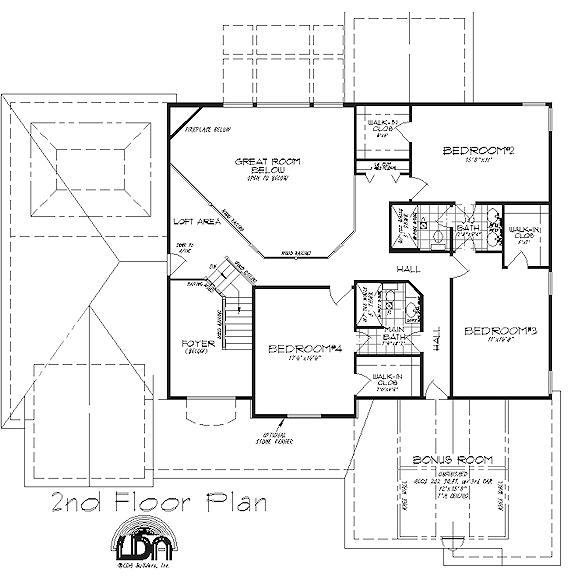 1st floor master bedroom with vaulted ceilings, 2 walk-in closets, and glamour bath. 1st floor den/guest bedroom with cathedral ceiling. Bridge overlooks 2 story foyer and great room with wall of windows and loft above. Formal dining room with tray ceiling. Large kitchen with corner window sink, island/breakfast bar, and walk-in pantry. 1st floor laundry. Large covered front porch. Optional covered rear porch with fireplace or sunroom. 2-car side-entry garage.